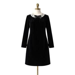 vtg 70s Connie Sage Black Structured Velvet Lace Collar Midi Shift Dress Small